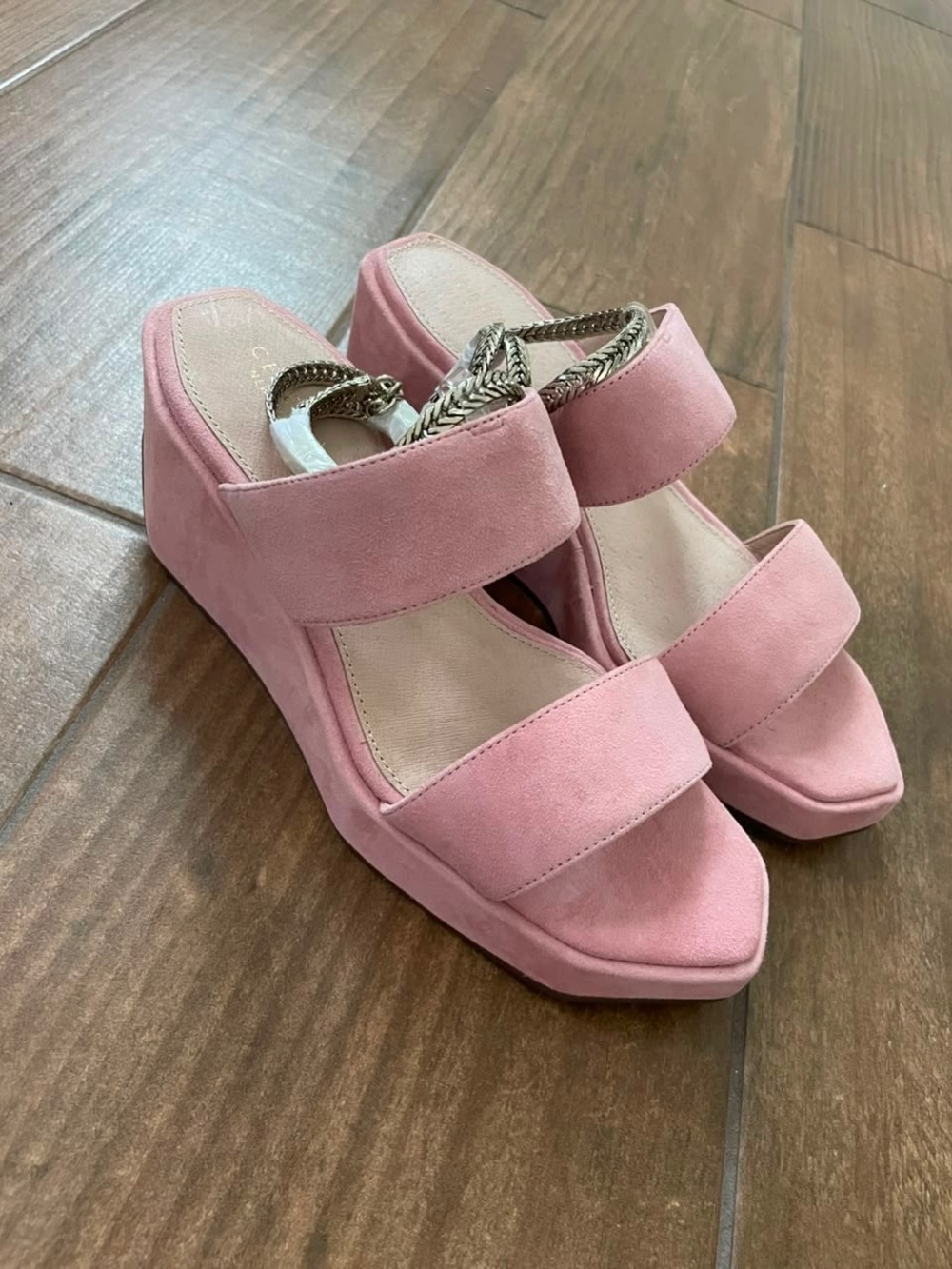 CECILIA NEW YORK Baleves Pink Suede Platform Wedge Sandals with Chain Strap